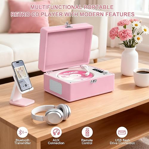 Miniatura 2 de Reproductor de CD con altavoces Bluetooth, reproductor de CD recargable para el hogar, compatible con USBAUX, conector para auriculares, para