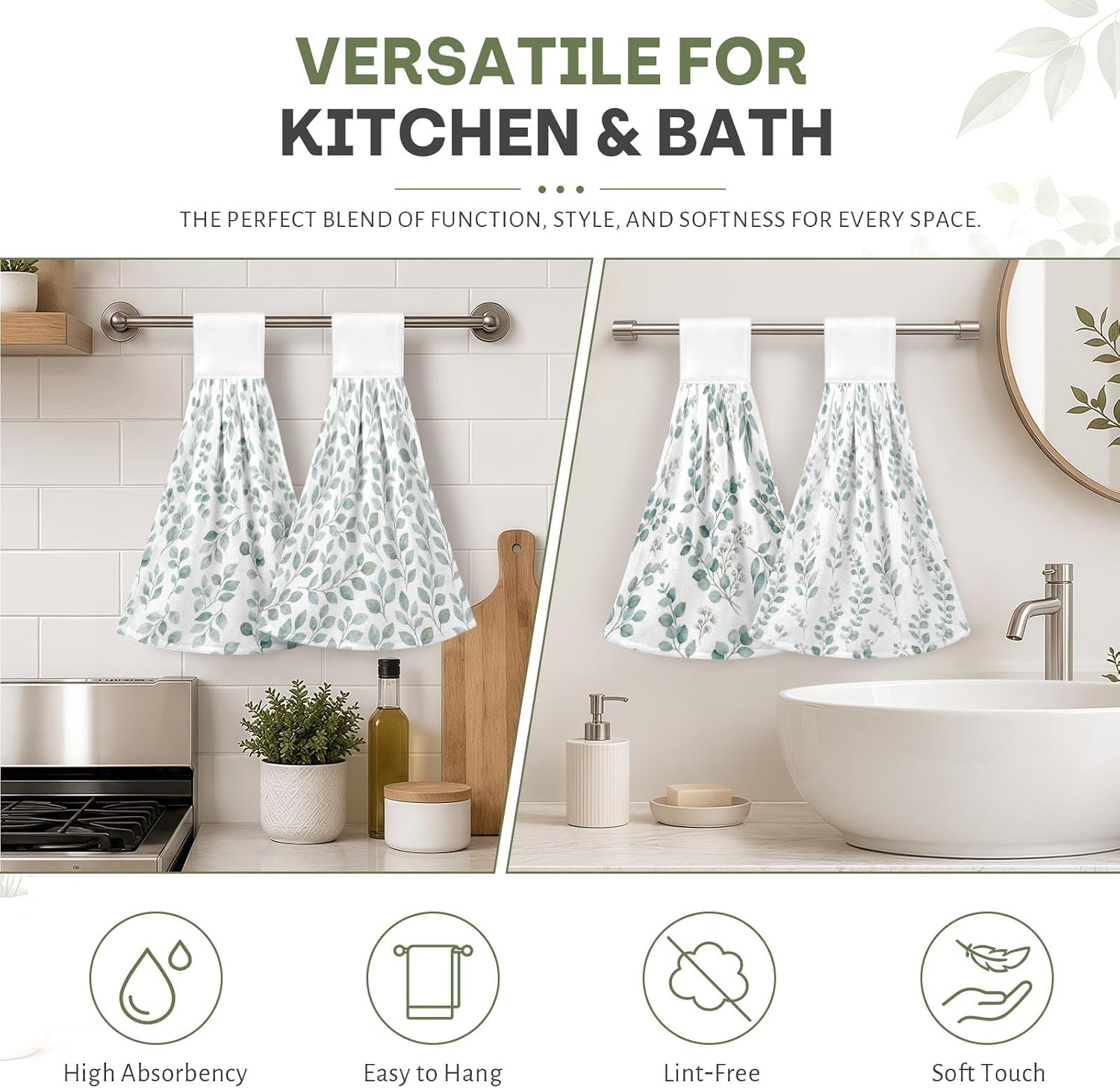 Sage Hanging Kitchen Towels, 4-Pack, Microfiber, Decorative Decor