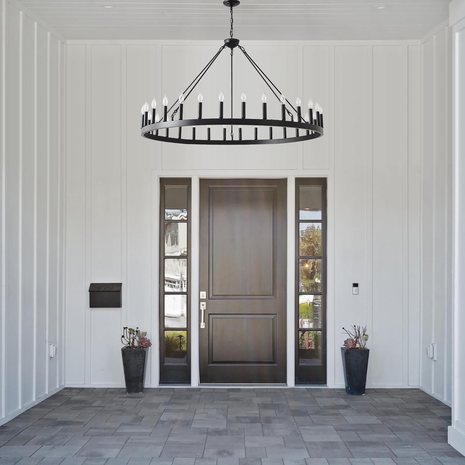 53 Inch Black Extra Large Wagon Wheel Chandelier, 30-Lights Farmhouse Industrial Round High Ceiling Pendant Light Adjustable Chain, for Dining Room, Living Room