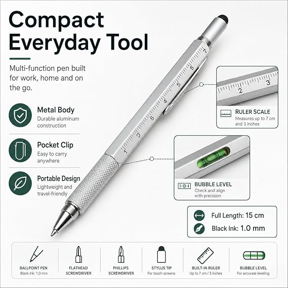 5-in-1 Multitool Pen, Stylus, Ruler, Level and Screwdriver