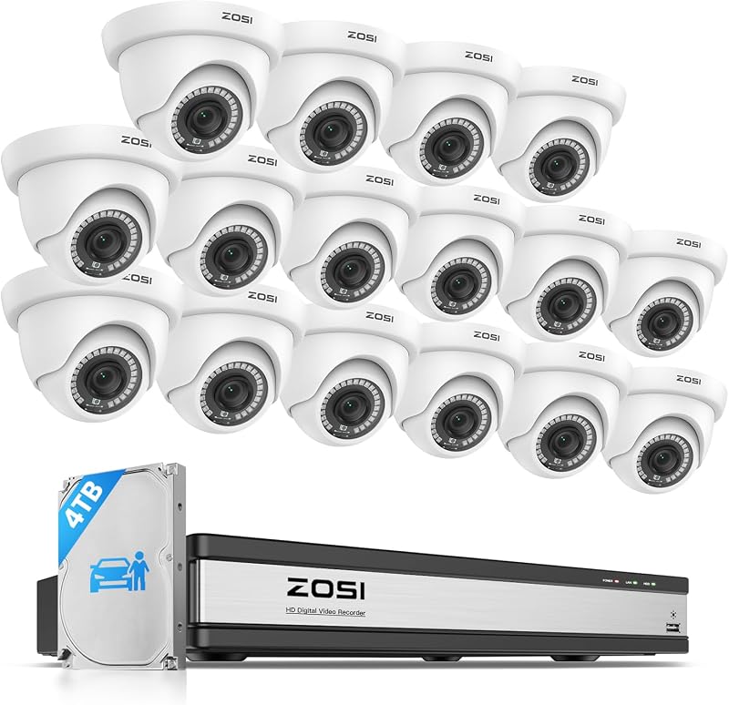 Sistema de cámaras de seguridad 3K Lite de 16 canales, 16 cámaras domo de 2 MP, disco duro de 4 TB | Grabador DVR CCTV H.265+ de 16 canales, detección de vehículos humanos AI, interior exterior, visión nocturna de 80 pies, acceso remoto