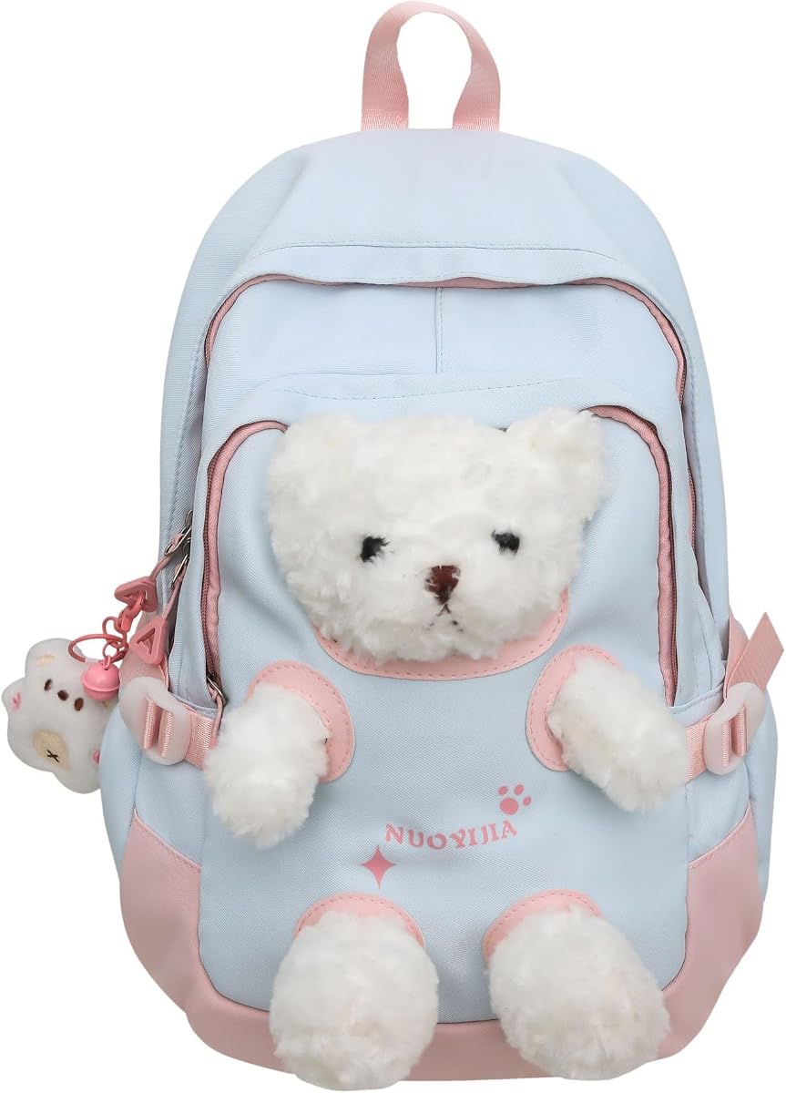 Linda mochila de peluche de oso, con peluche 3D, impermeable y espaciosa para uso diario, viajes o salidas informales (azul-rosa)