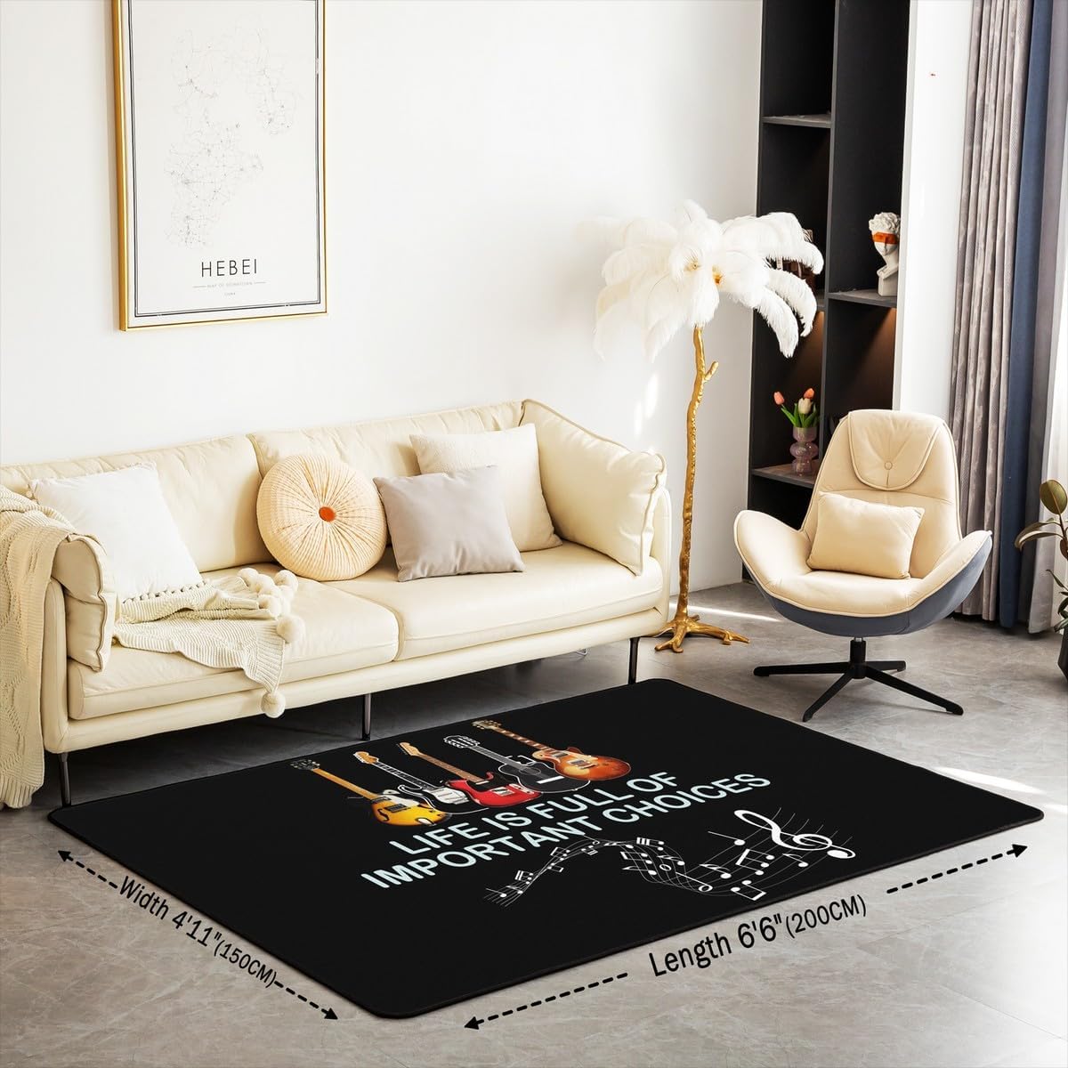 Erosebridal Guitar Area Rug 5x7,Musical Notes Carpet for Kids Boys Girls,Life is Full of Important Choices Motto Rug,Rock Music Bass Instrument Indoor Floor Mat