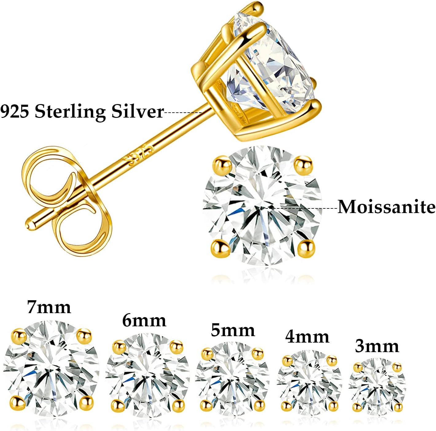 MDFUN S925 Sterling Silver Moissanite Stud Earrings Set 4 Prong Round Synthetic Moissanite Stud Earring Multiple Pack