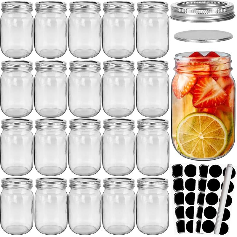 CycleMore 20 Frascos de Vidro de 350 mL com Tampas Prateadas Separáveis, Caneta e Etiquetas