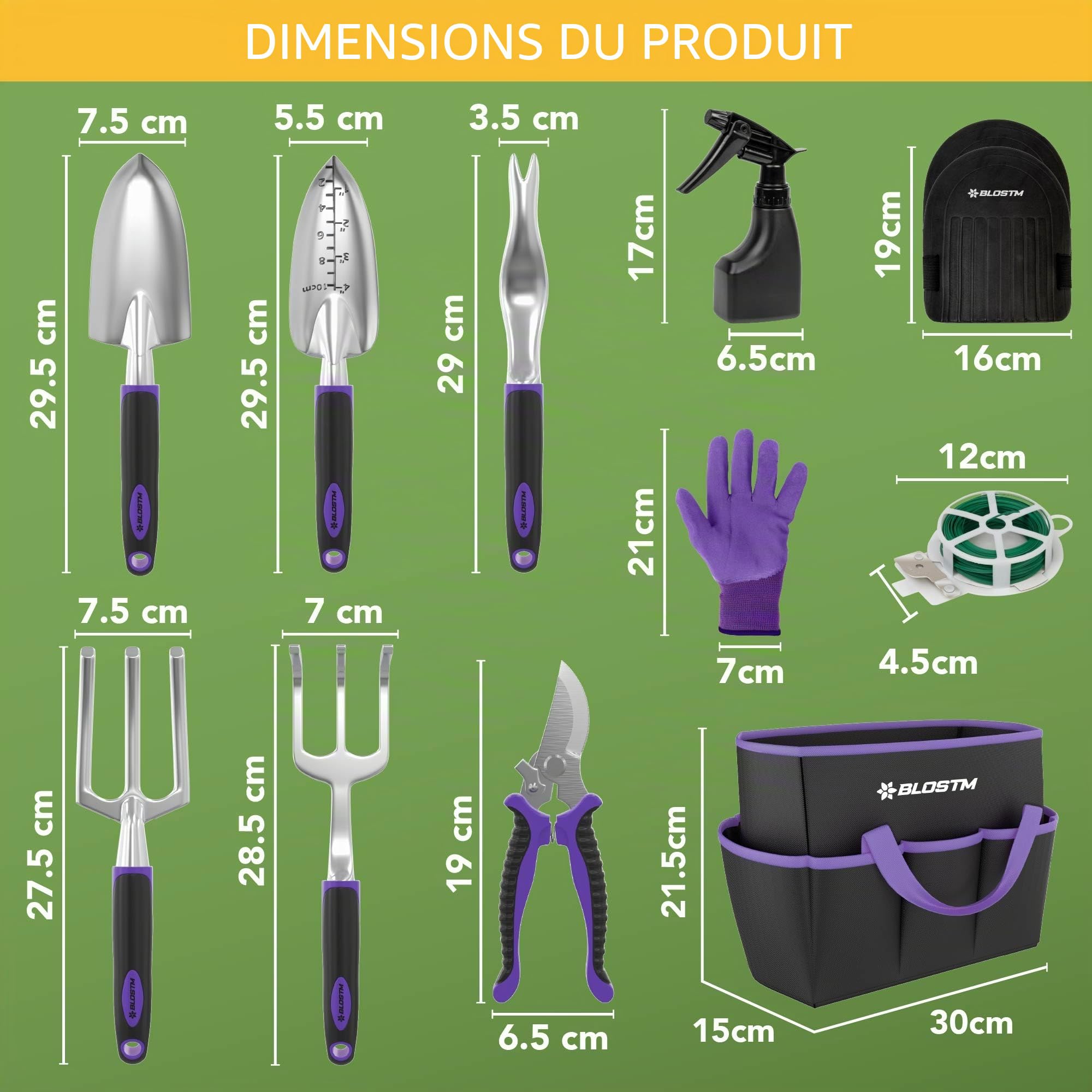 BLOSTM Ensemble d'outils de jardinage 11 pièces – Kit d'outils de jardin robustes avec sac fourre-tout imperméable – Truelle de jardin antirouille avec poignées ergonomiques – Cadeaux de jardinage