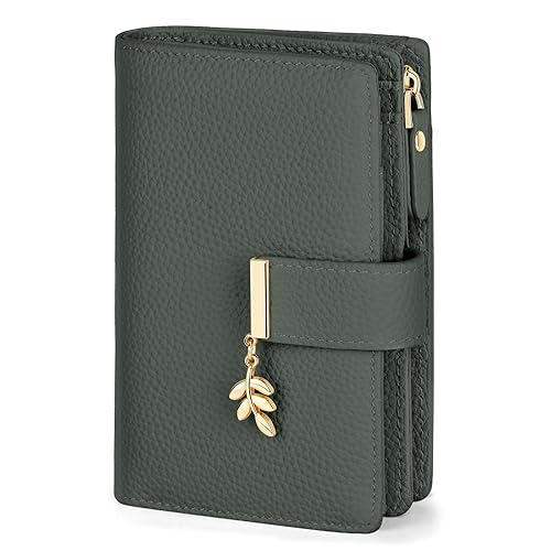 LUROON Geldbörse Damen Leder mit RFID-Schutz, Portemonnaie Damen Mittelgroß mit 13 Kartenfächer, Geldbeutel Frauen Portmonee Damen mit Reißverschluss Münzfach - Grün