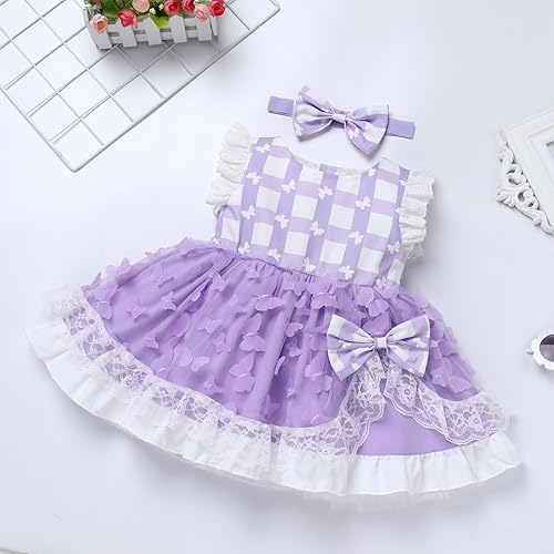 Miniatura 10 de Vestido tutú de verano para niña, sin mangas, a cuadros, vestido de fiesta de cumpleaños, vestido de fiesta con lazo de flores y diadema
