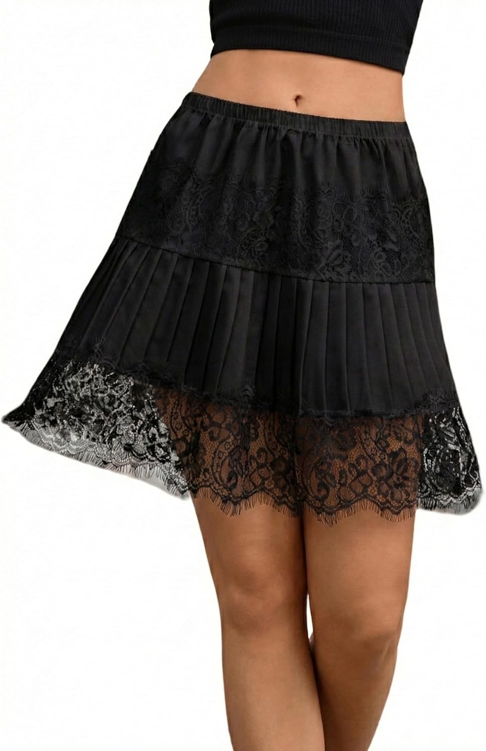 Women Lace Slip Skirt for Layering Y2K White Flowy Ruffle Mini Skirt with Lace Trim Underskirt Tiered Layers