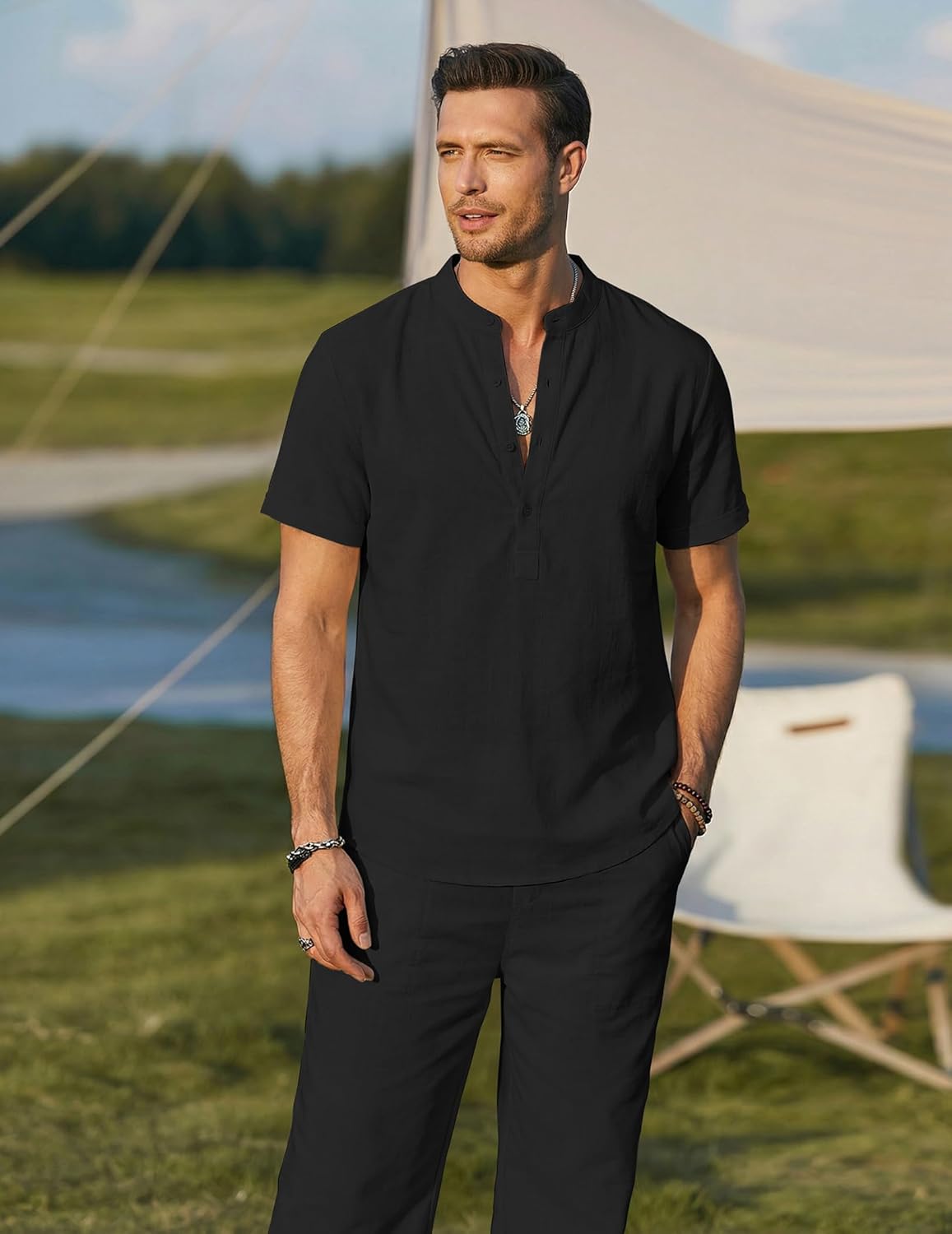 COOFANDY Mens 2 Pieces Cotton Linen Sets Short Sleeve Casual Henley Shirt Summer Beach Pants Lounge Vacation Outfits Set - Image 4