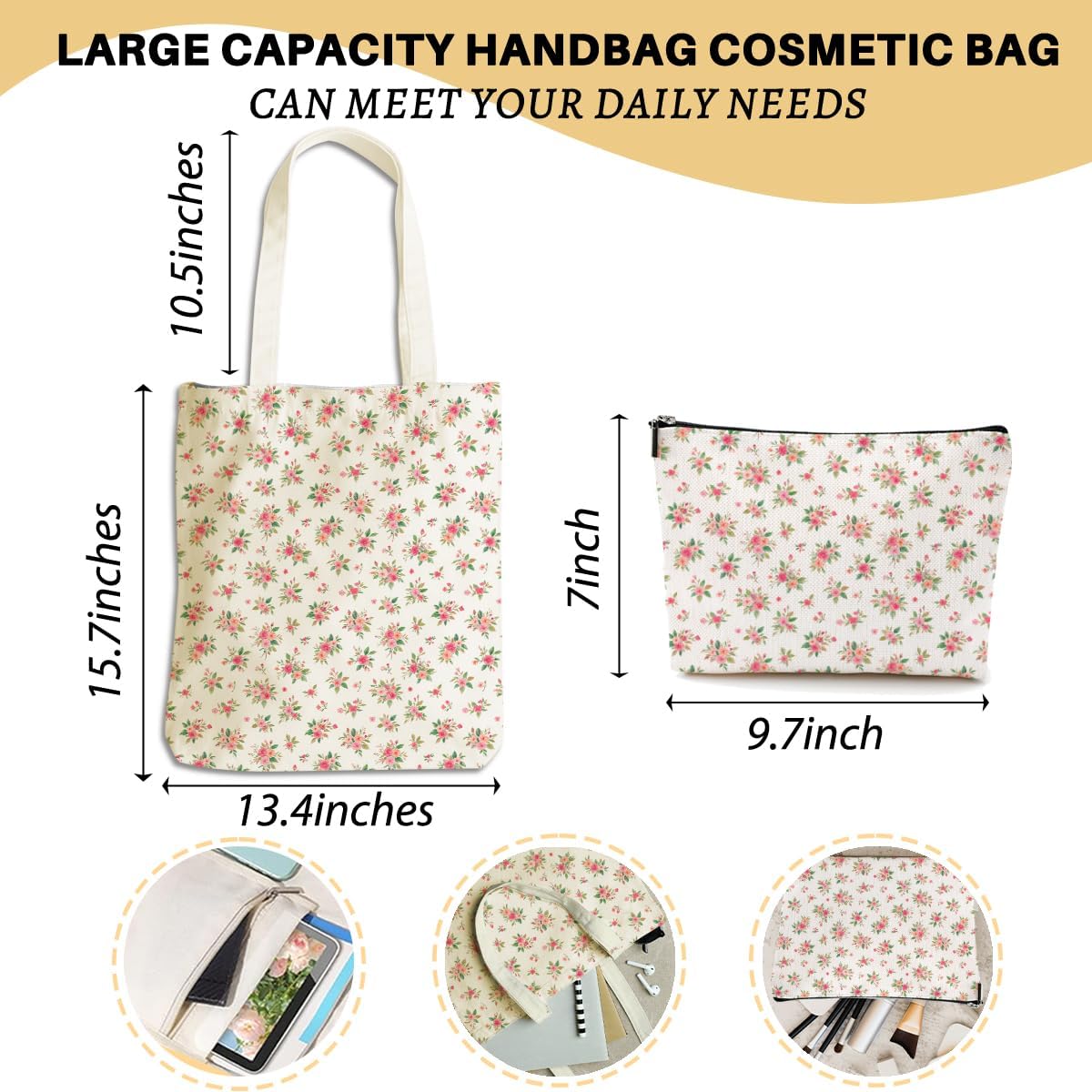 Aesthetic Flower Canvas Tote Bag Makeup Bag, Cosmetic Bags for Women Girls Sister Friend Plant Lovers Birthday Christmas Retirement Wedding Reusable Grocery Bags with Inner Pocket for Shopping - Image 4