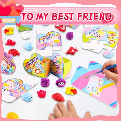 Miniatura 3 de 30 tarjetas de San Valentín Mochi Squishy Toys Recuerdos de fiesta con cajas de corazón para niños, juego de tarjetas de intercambio de feliz día de