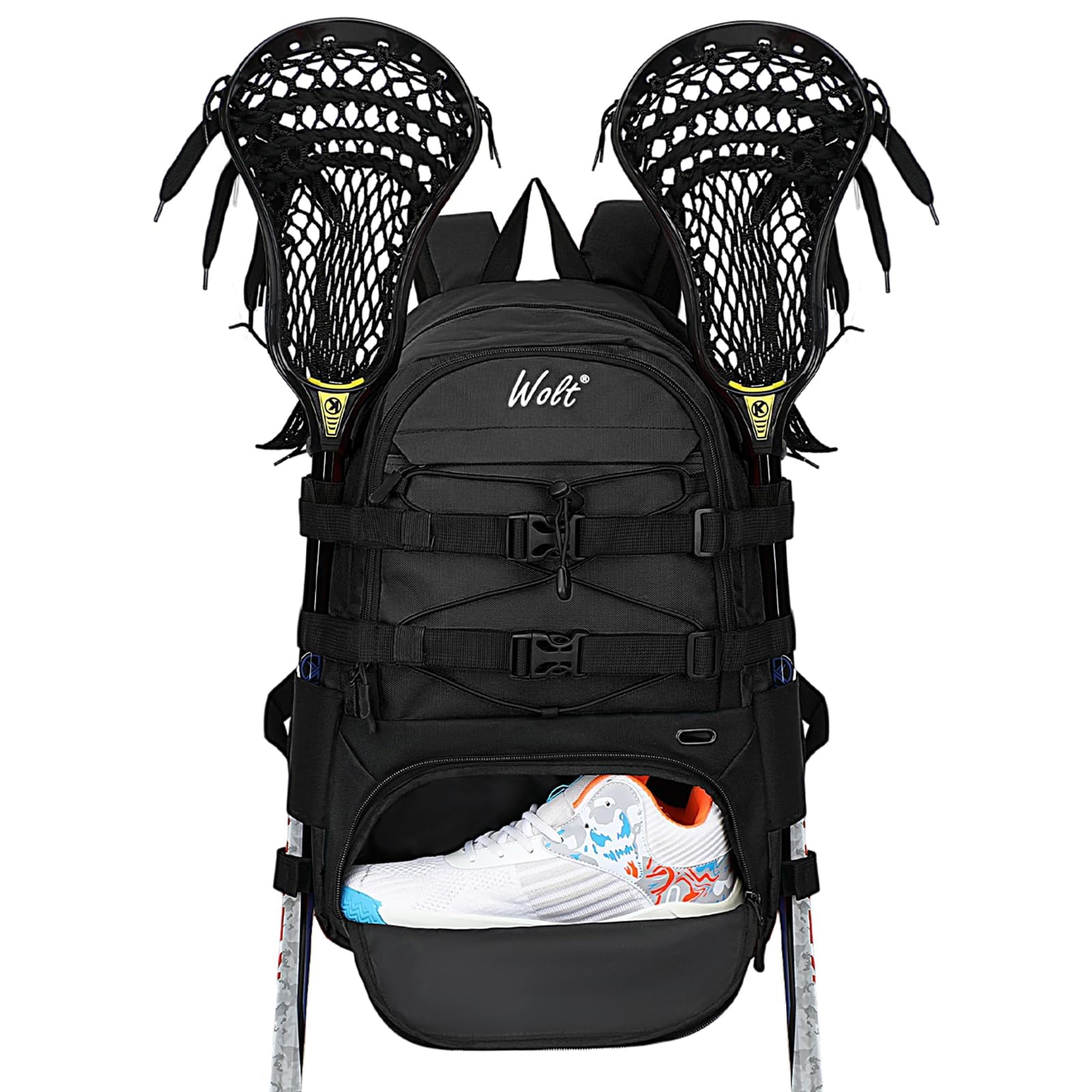 WOLT Lacrosse Bag Lacrosse Rucksack mit Zwei Schlägerhaltern, große Feldhockey-Tasche für alle Sportausrüstungen