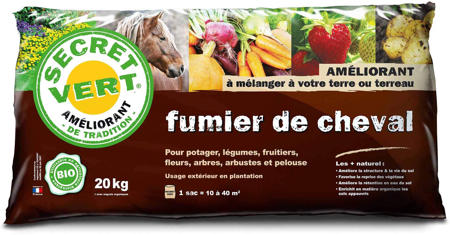 FUMIER DE CHEVAL BIO 20 KG - Fumier Cheval, améliore la vie du Sol et la Rétention d'Eau, Favorise la reprise et croissance des végétaux - Secret Vert