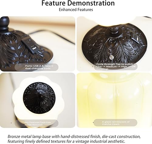 Miniatura 3 de Lámpara táctil vintage de vidrio de leche, elegante lámpara de escritorio de cristal blanco regulable de 3 vías con puertos de carga USB C +A,