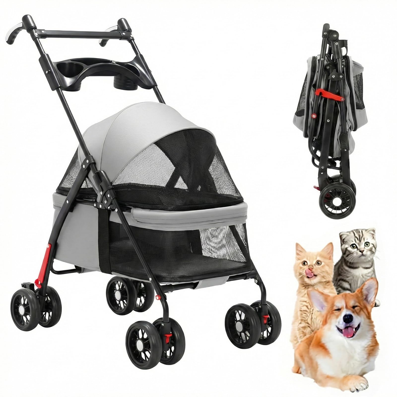 Cat Stroller,Stroller Foldable 4-Wheel Pushchair for Cats & Small Dogs,Lightweight Pet Travel Buggy with Breathable Mesh, Safety Buckle & Shock-Absorbent Wheels,Pets up to 38.58lbs (17.5kg)