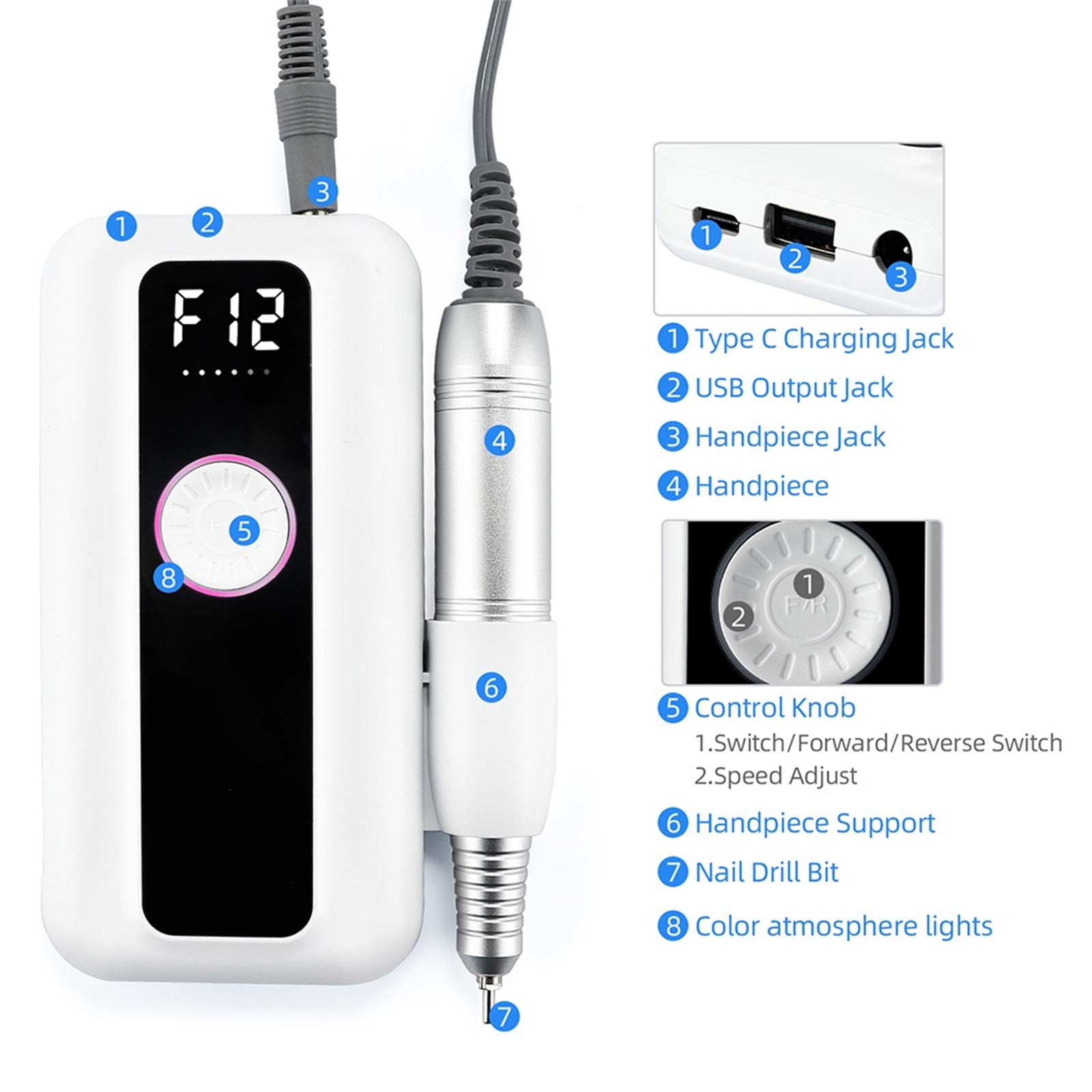ZYC Trapano per Unghie Ricaricabile 35000RPM 7500mAh Trapano per Manicure Portatile per Trapano per Manicure Trapano per Unghie Professionale