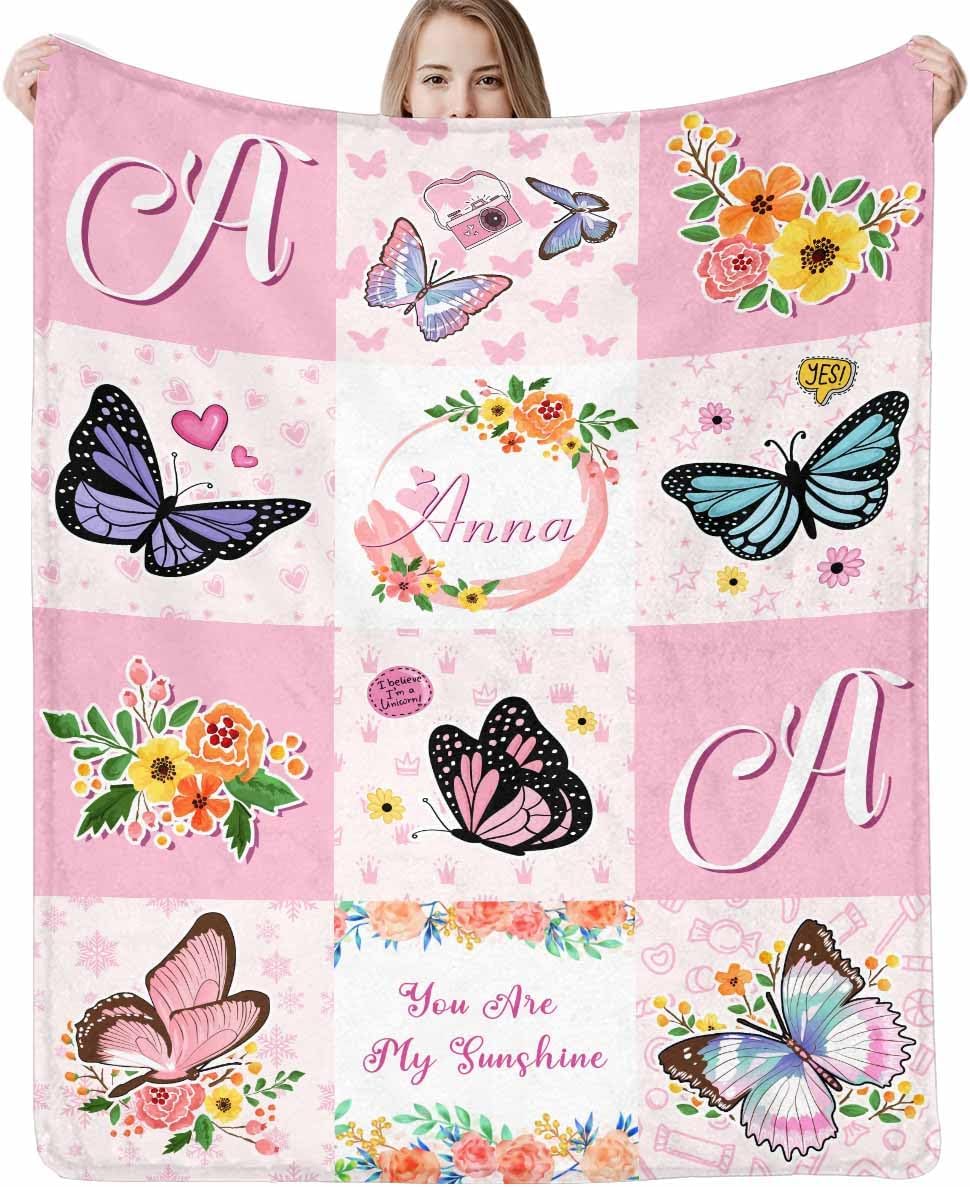 Custom Butterfly Blanket with Name Personalized Blankets Pink Flower Customized Name Kids Toddler for Girls Soft Fleece Blanket Newborn Swadding Blanket Nursery Stroller for Birthday, Christmas