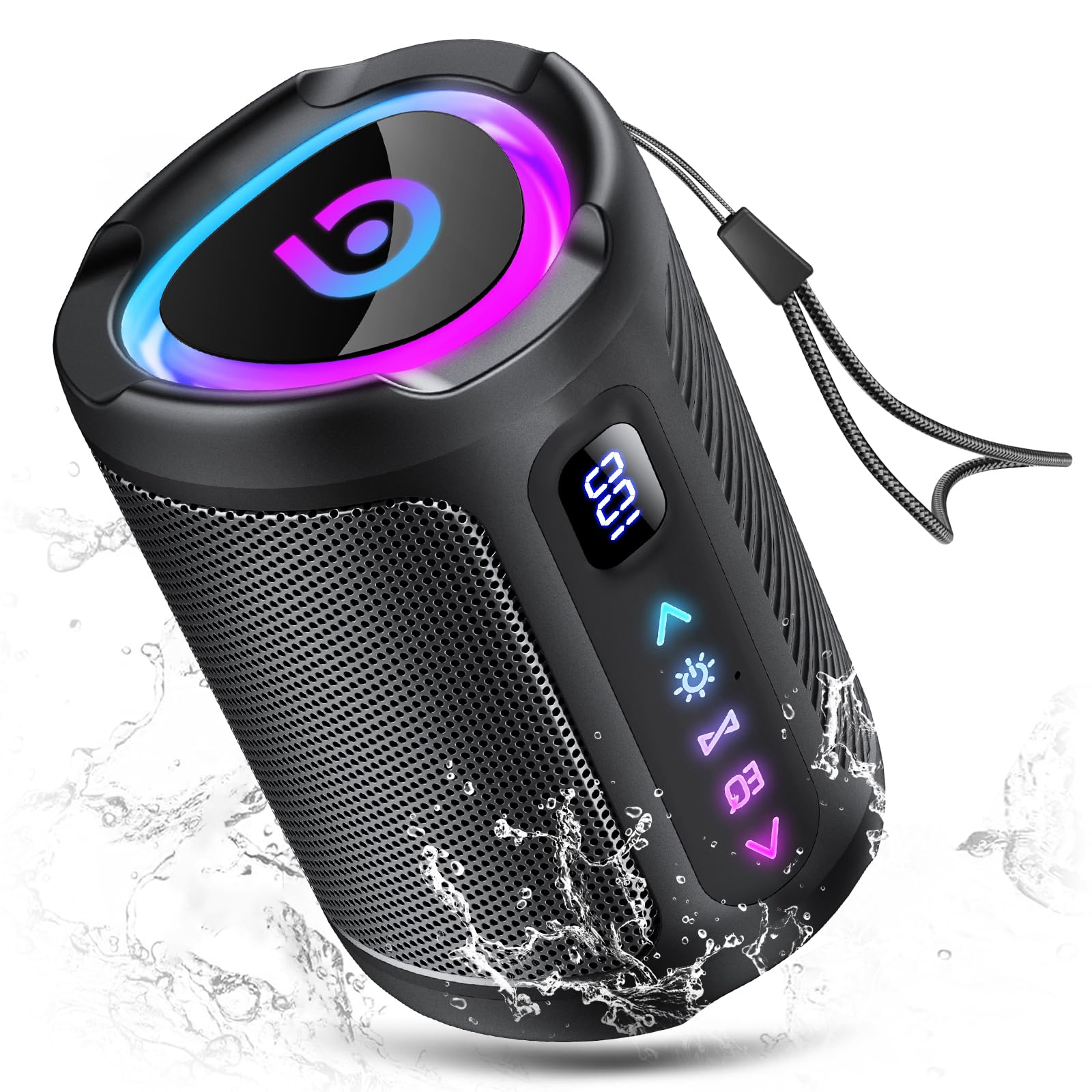 aowoka Altavoz Bluetooth portátil inalámbrico con Luces LED, Pantalla Digital Inteligente+Smart EQ, Altavoz Bluetooth Potente Bass Boost, Bluetooth 5.4, Speaker para Viajes/Deportes/Fiestas/Ciclismo