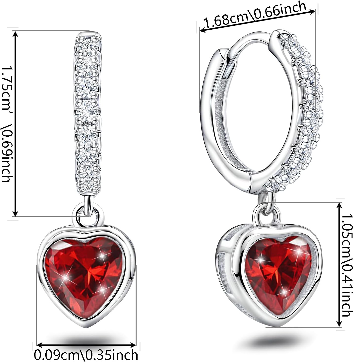 Heart Hoop Earrings with Dangle Sterling Silver Love Heart-Shaped Loop Earrings for Women Hypoallergenic Sparkle Birthstone Cubic Zirconia Hoop Earring with Dangling Charms Dainty Fashion Jewelry Gift - Image 6