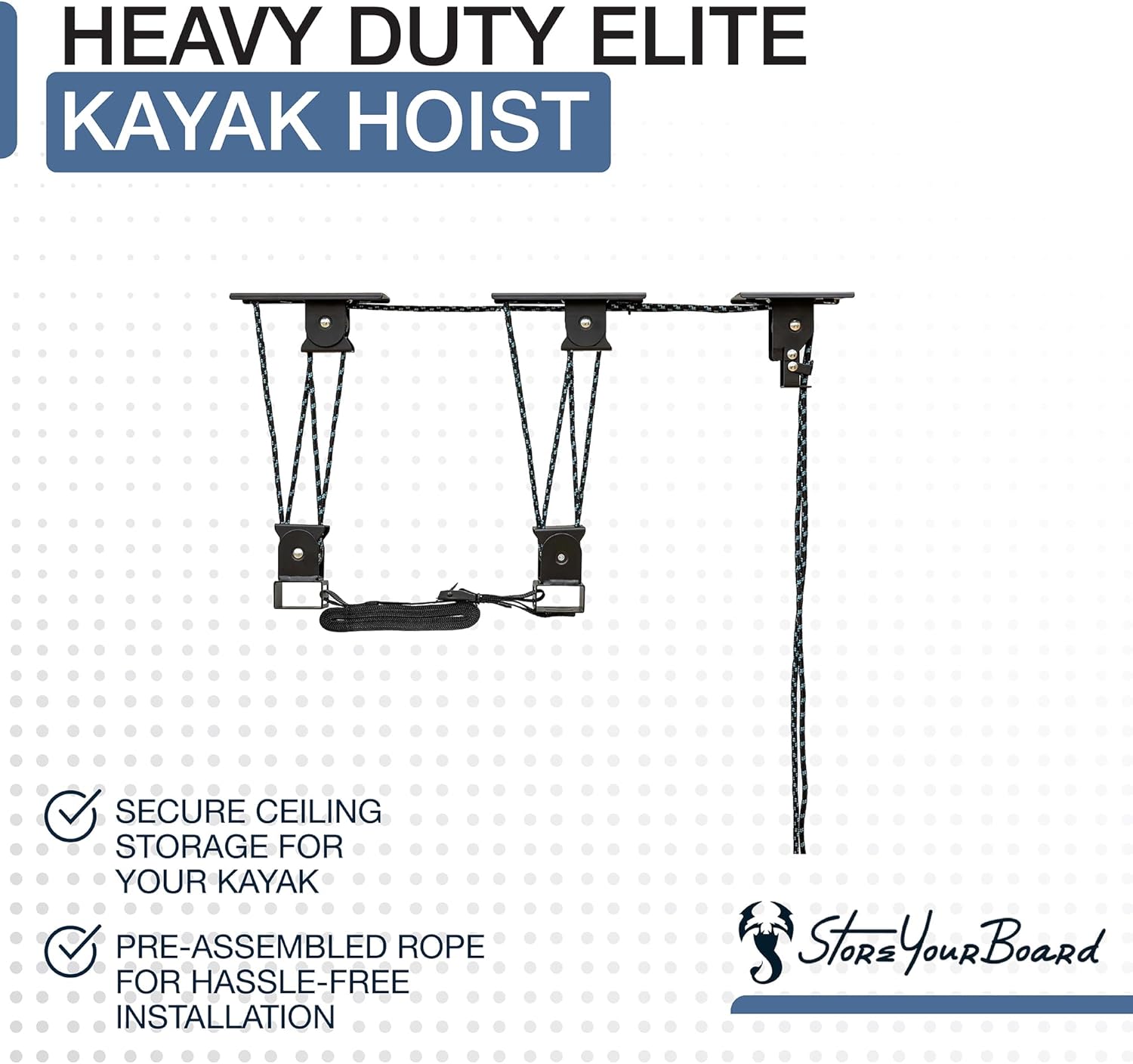 Teal Triangle Heavy Duty Elite Kayak Hoist, Easy-Lift Garage Pulley System, Holds 150 lbs, Fits 12-Foot+ Ceilings, Patented No-Slip Strap, No Setup Required