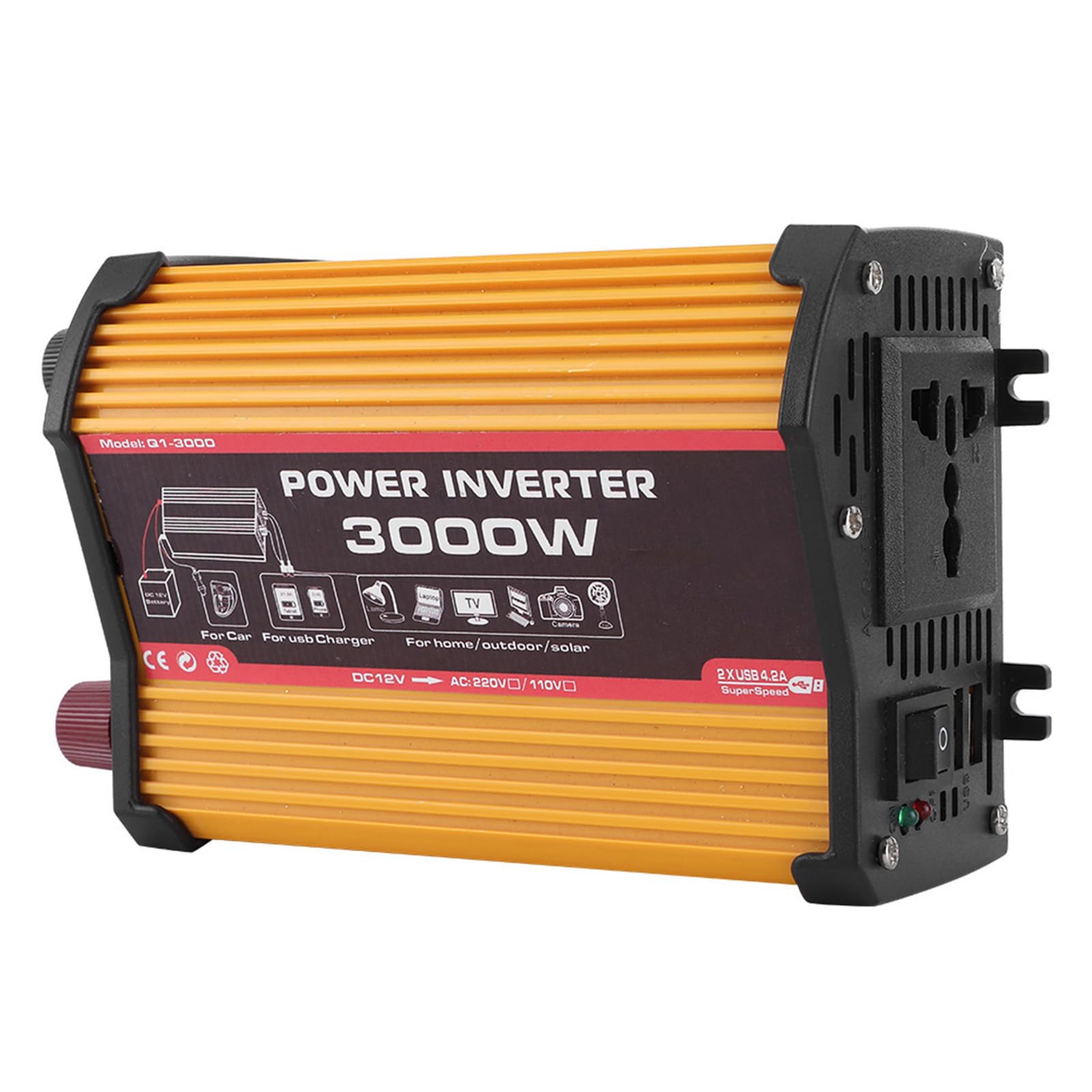 Convertidor de corriente de 3000 W, convertidor automático de CA modificado, adaptador de coche sinusoidal con doble puerto USB, salida de carga rápida (12 V a 110 V)