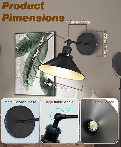Miniatura 2 de Juego de 2 apliques de pared ajustables vintage con pilas, batería recargable USB con control remoto, no cables regulables, lámpara de pared