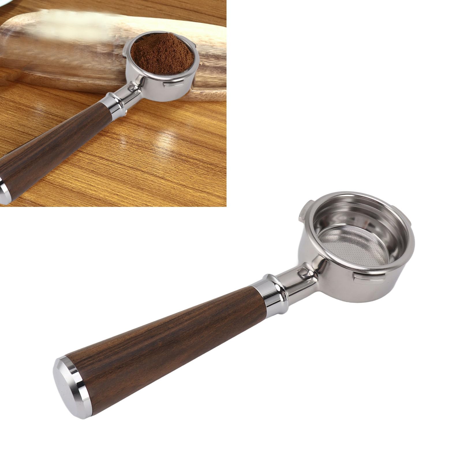 Portafiltro de café sin Fondo de 58 Mm, Portafiltro de Cesta de Filtro de Taza, Portafiltro de café de Acero Inoxidable de 3 Orejas Mango de Madera Maciza para Barsetto Piezas de e