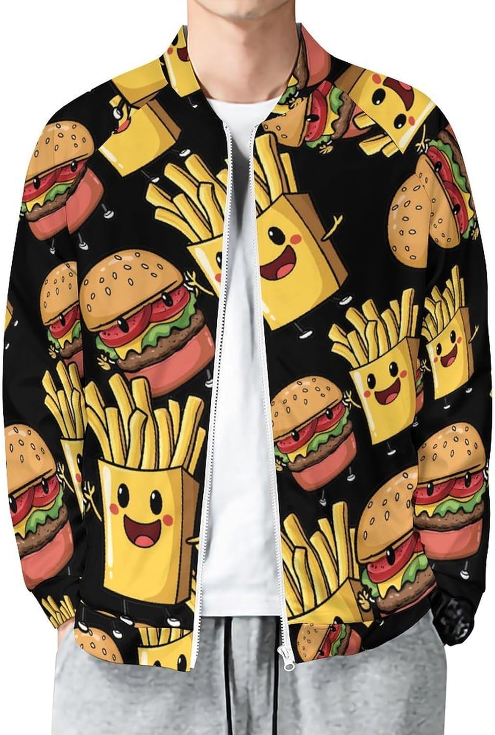 Cute Hamburger French Fries Men's Zip Up Sweatshirt Casual Sweater Jackets Long Sleeve Tops Lightweight Coat