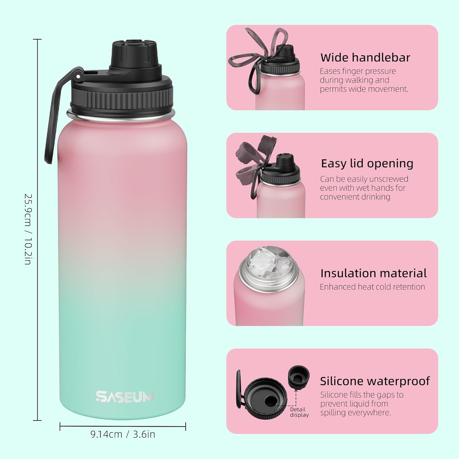 SASEUM Insulated Stainless Steel Water Bottles 32oz with Spout Lids Metal Vacuum Thermal Large Water Jug Leak-proof Reusable Flask for Sports Gym and Travel,Pink-Green - Image 2