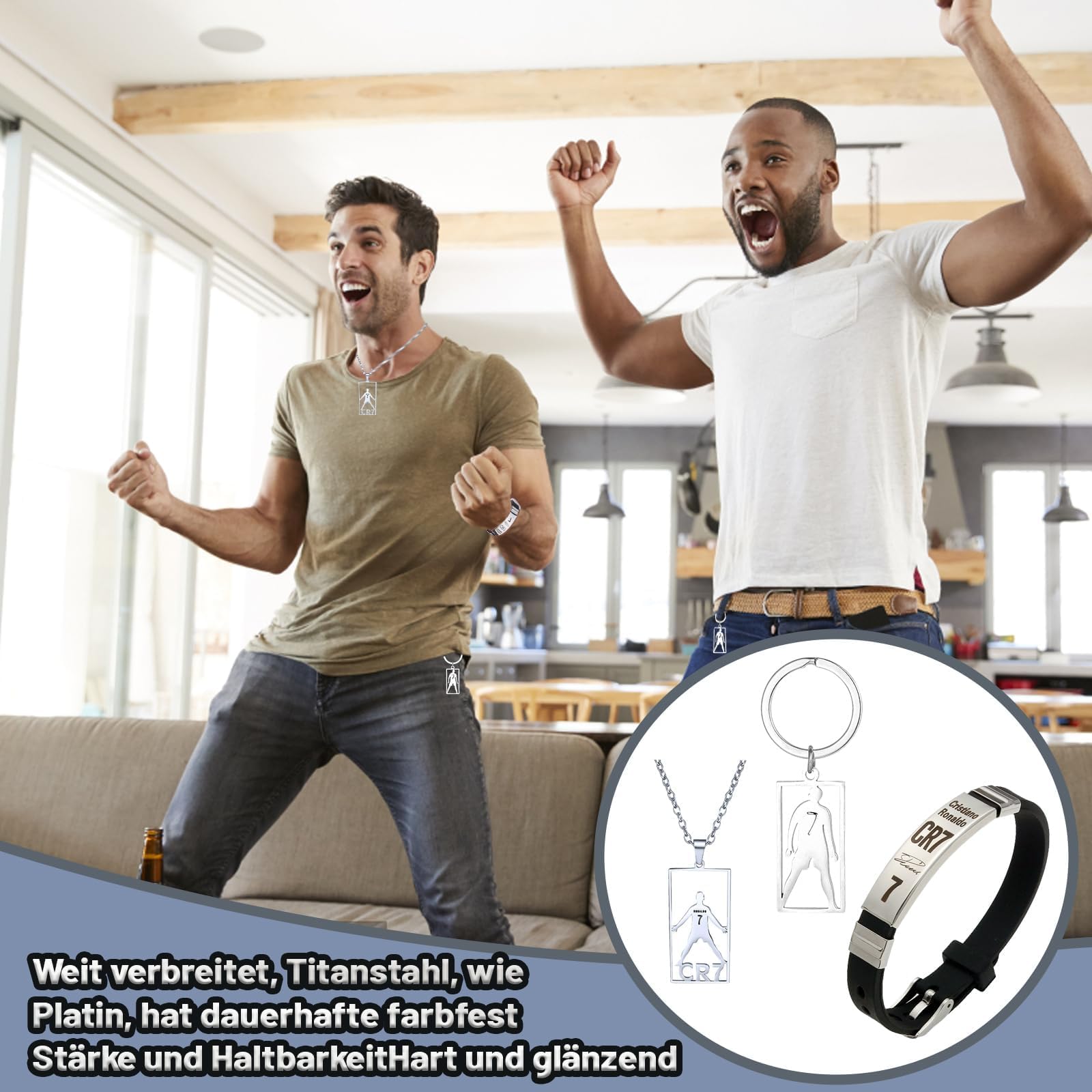 Juego de accesorios de fútbol 3 piezas CR7, pulsera, collar y llavero, elegante y sencillo
