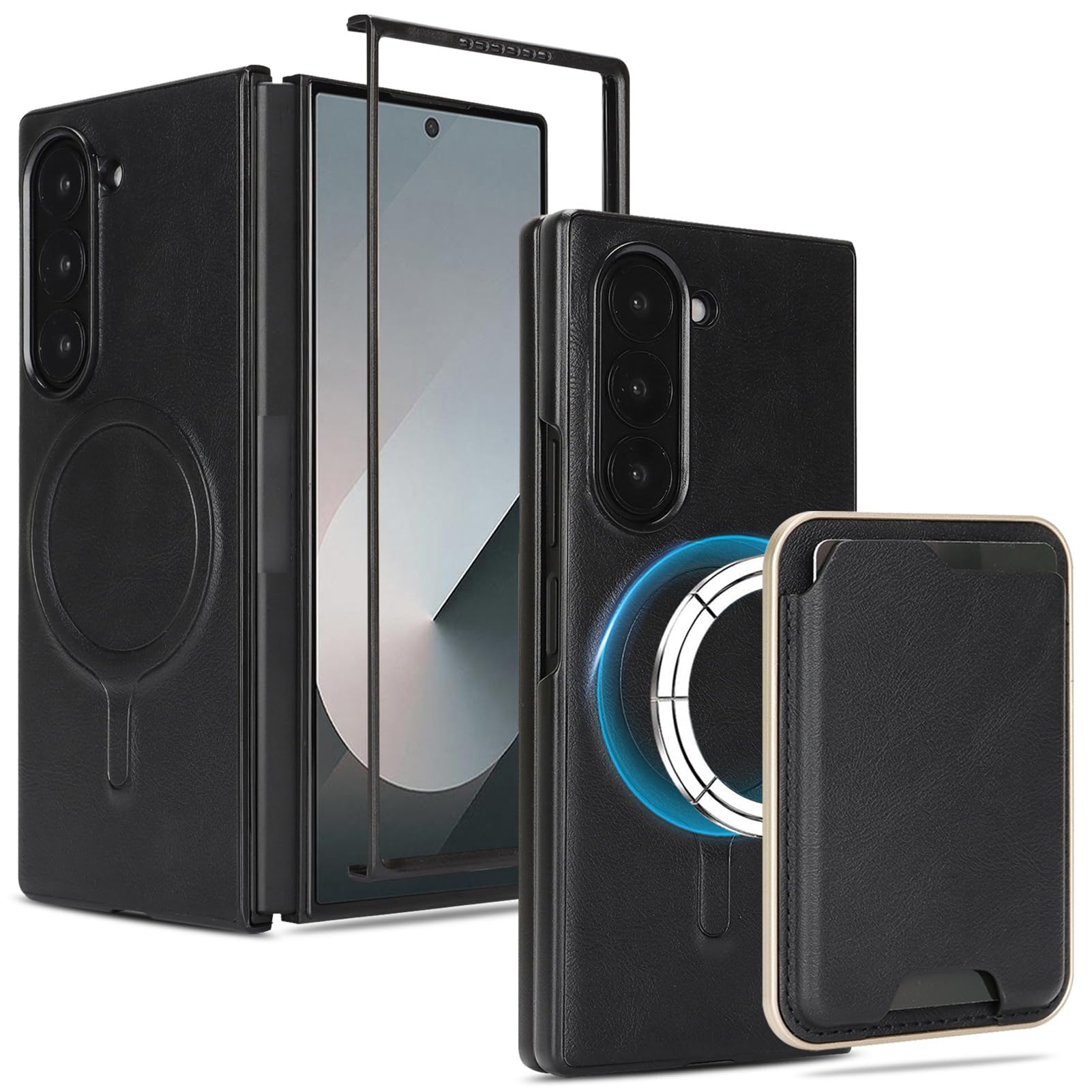 Skórzane etui do Samsung Galaxy Z Fold 8 Ultra, Odpinany pokrowiec na karty Magnetyczny pokrowiec na telefon w stylu vintage podstawka do ładowania bezprzewodowego ochrona przed upadkiem (czarny)