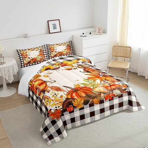 Miniatura 5 de Juego de ropa de cama tamaño Queen, diseño vintage de cosecha de otoño para el dormitorio del hogar, diseño de girasol, hojas de arce y girasol,