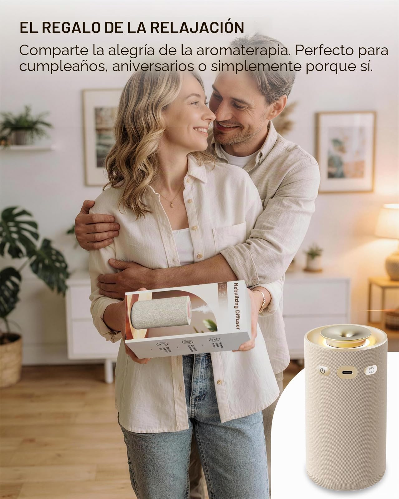 Difusor de Aromaterapia Sin Agua para Casa y Nebulizador de Aceites Puros - Ambientador Eléctrico Portátil con Diseño de Tela Beige Premium, Luz Ambiente Cálida y Batería para Yoga, Salón y Dormitorio