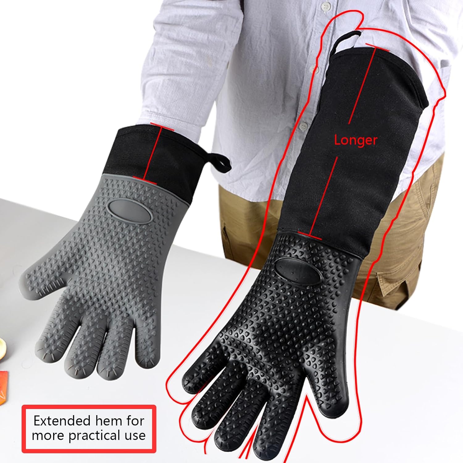 1 Pair Extra Long Professional Oven Mitts, Non-Slip Silicone Grip Heat Resistant,19.7" Length,Up to 572℉ for BBQ Cooking Baking Grilling (Black) - Image 3