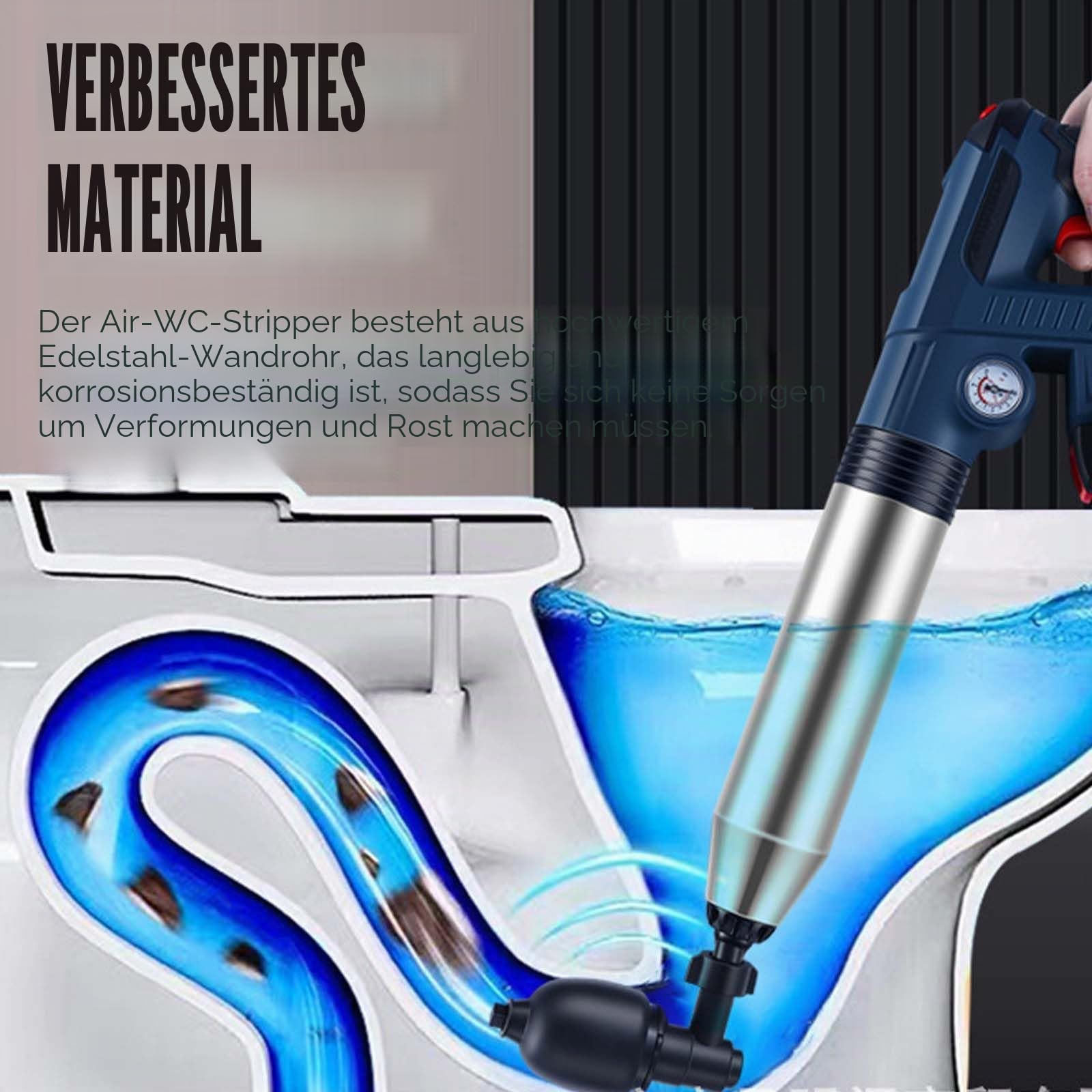 Elektrischer Toilettenkolben, Pressluft Rohrreiniger Toiletten Pömpel Edelstahl Toilettenkolben Kit mit Luftdruckanzeige und 4 Gummiadapter Abfluss Entblocker für Bad Küche Toiletten Bodenablauf