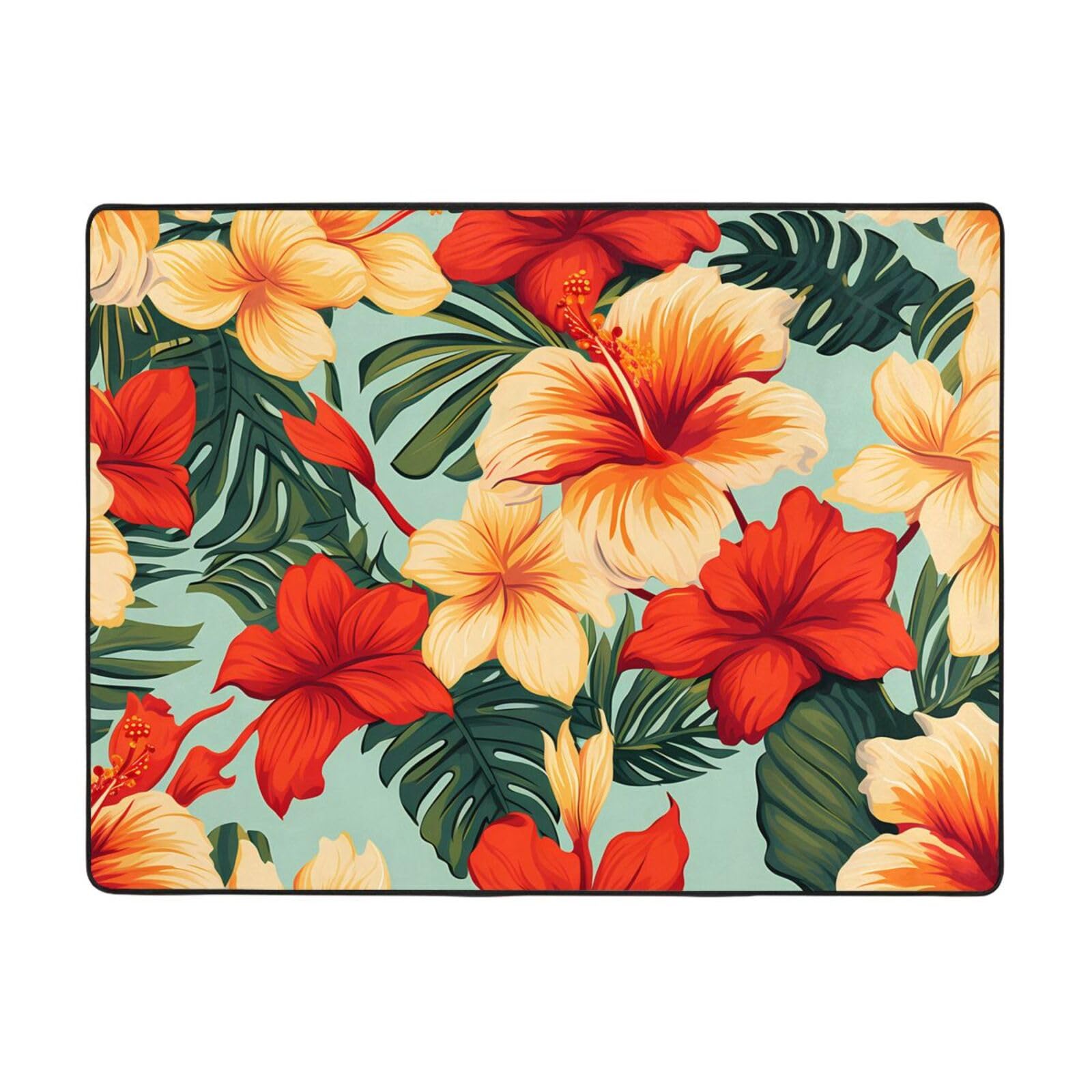 Tapis velours fin imprimé fleurs tropicales 160x121 résistant à l'usure