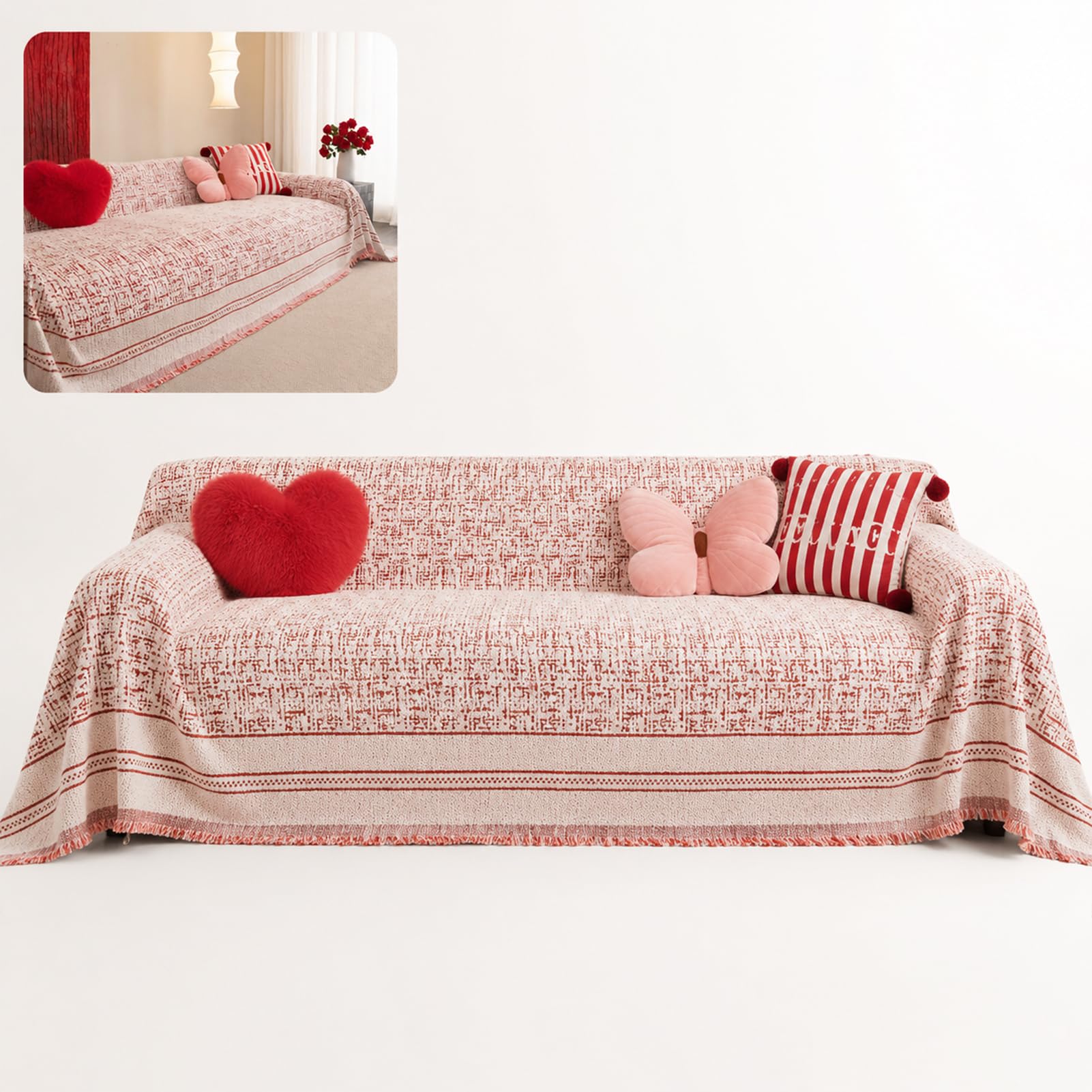 TJKK Boho Chenille Couch Cover for Dogs, Non Slip Sofa Cover, Couch Slipcover Covers for 2/3 Cushion, Furniture Protector with Tassels for Pets Washable (180x230cm,red)