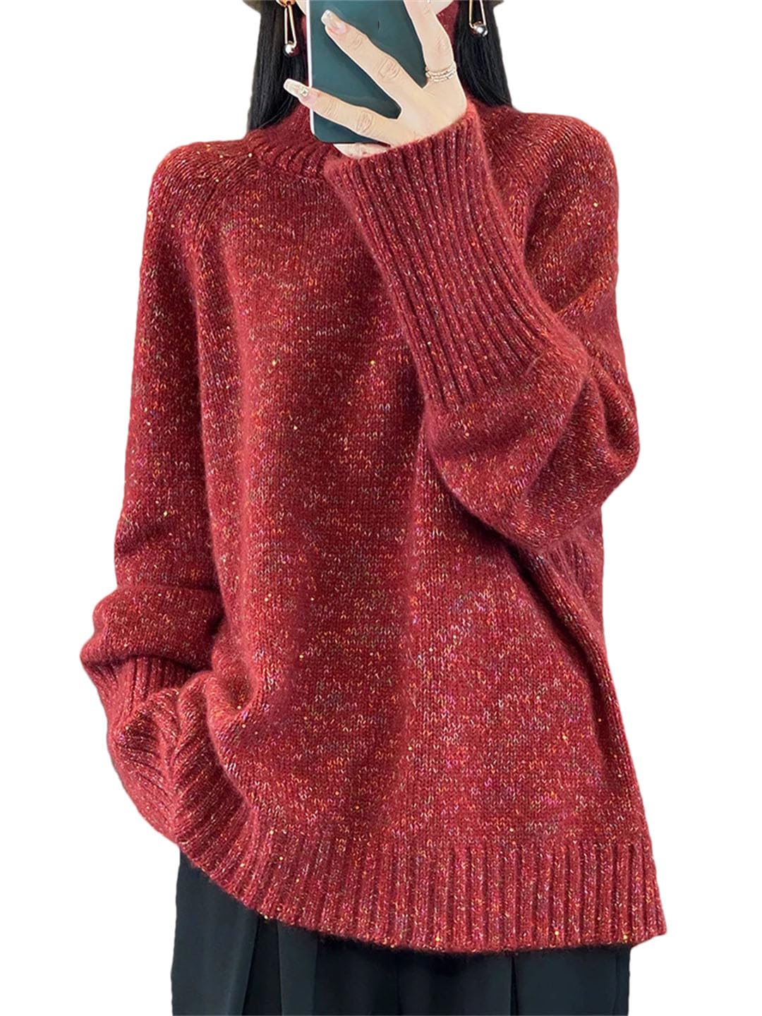 Damski sweter z wełnianym golfem w jednolitym kolorze luźna bluzka plus size