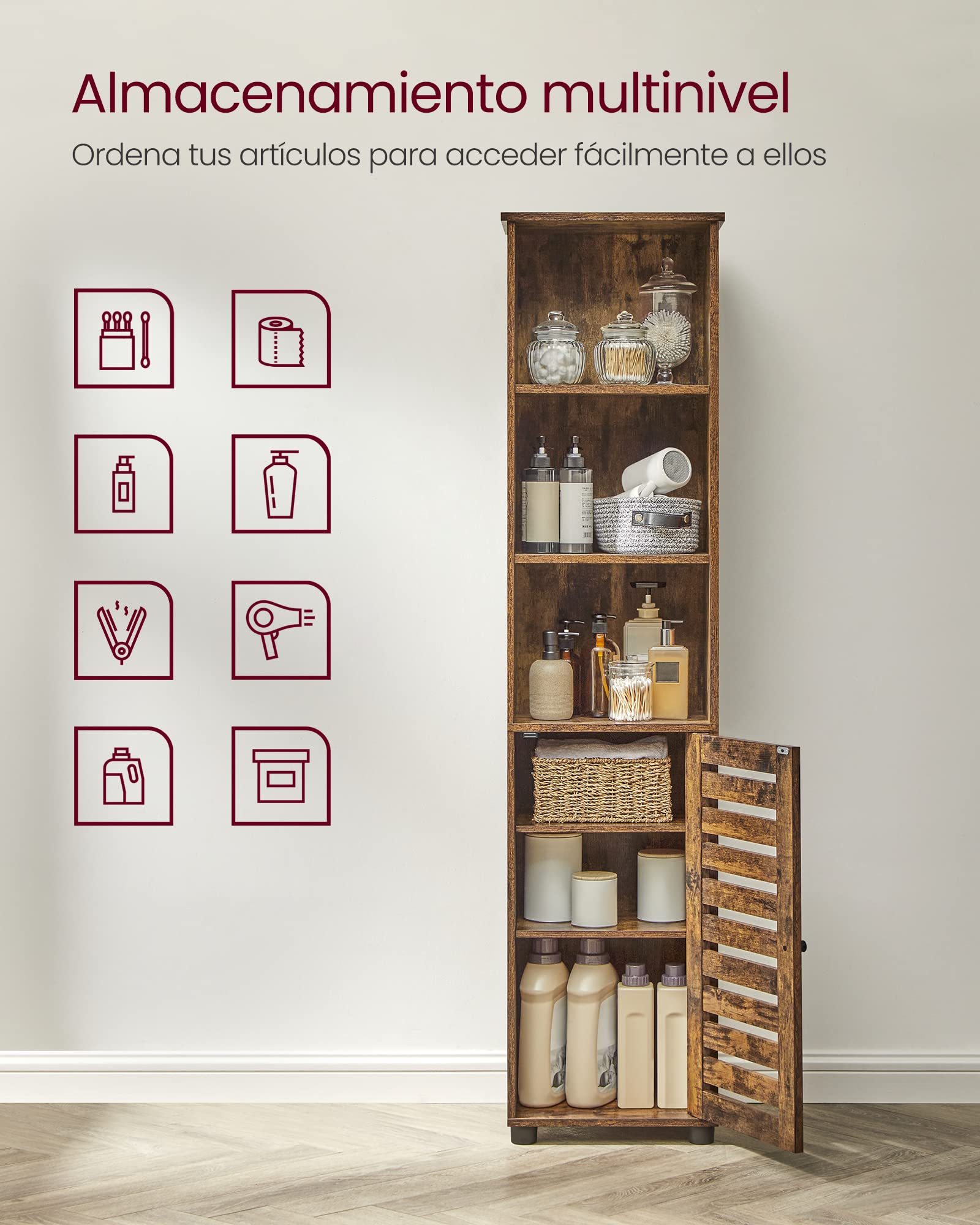 VASAGLE Armario de Baño, Mueble de Baño Alto Independiente, con 3 Compartimentos Abiertos y 2 Estantes Ajustables, para Sala de Estar, Entrada, Marrón Rústico BBK160X01