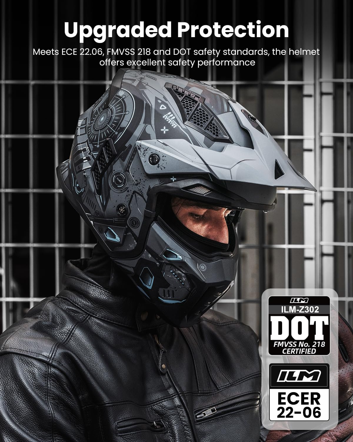 ILM Helm Motorrad Motocross Herren Damen Vintage Retro mit Visier ECE Model Z302,SciFiBlau,M