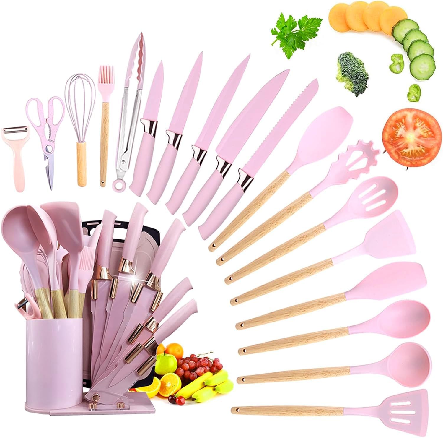 Kitchen Utensil Set,20 Pieces Kitchen Stainless Steel Knives Set Silicone Cooking Utensil with Wooden Handles,Home Kitchenware Accessories Cookware with Stand Block (Pink) Kitchen Utensil Set,20 Pieces Kitchen Stainless Steel Knives Set Silicone Cooking Utensil with Wooden Handles,Home Kitchenware Accessories Cookware with Stand Block (Pink)