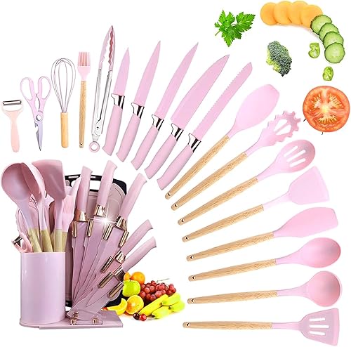 Juego de utensilios de cocina, juego de 20 cuchillos de cocina de acero inoxidable, utensilios de cocina de silicona con asas de madera, accesorios