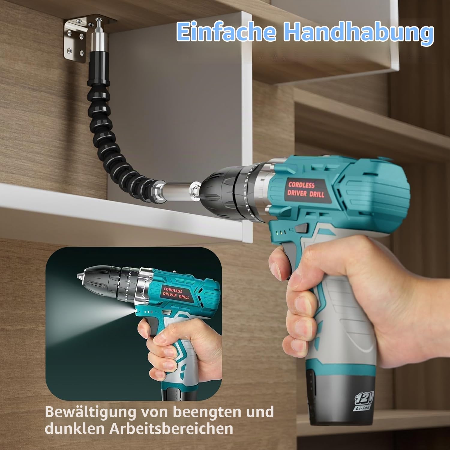 12V Akkuschrauber-Bohrschrauber, 25 Nm Drehmoment, 2×2000mAh Akku, 25+3 Drehmomentstufen, 24-tlg Zubehör & Tragetasche – Ideal für Haushalt, DIY-Projekte & Möbelmontage