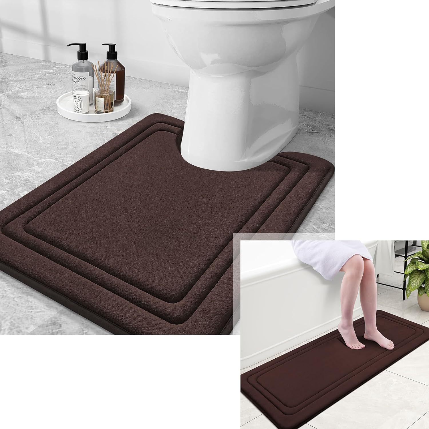 Grandaily Memory Foam Bathroom Rugs and Toilet Rugs U-Shaped, Size 47X20 and U-Shaped Size 24x20 in Brown, 2 Item Bundle