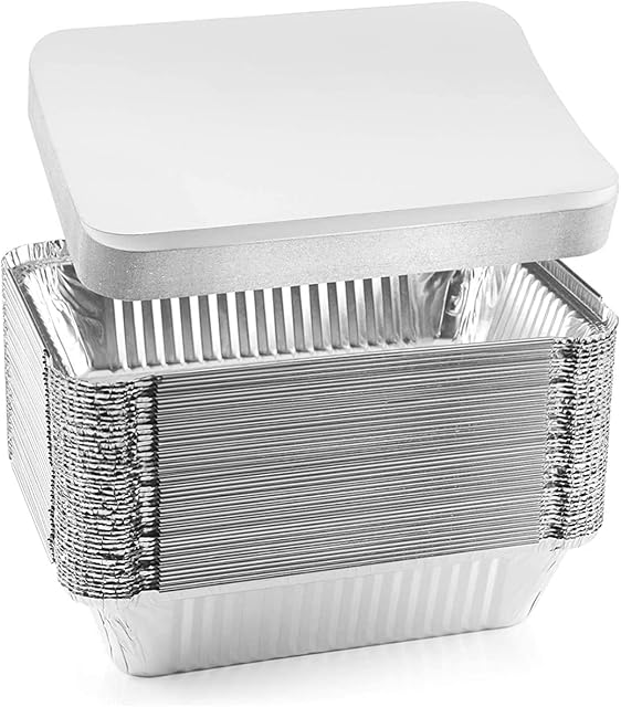 RelianceUK 50 Aluminium Foil Food Containers with Lids Takeaway 660 ml Tin Tray (No 6a (20 X 10.5 X 4.5 cm))
