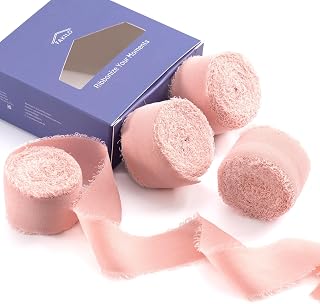 Handmade Fringe Chiffon Ribbon - 4 Rolls, 1'' X 5 Yd Blush Pink, 20 Yd Chiffon Silk for Wedding Invitations, Bridal Bouquets, Gifts Wrapping, DIY Crafts