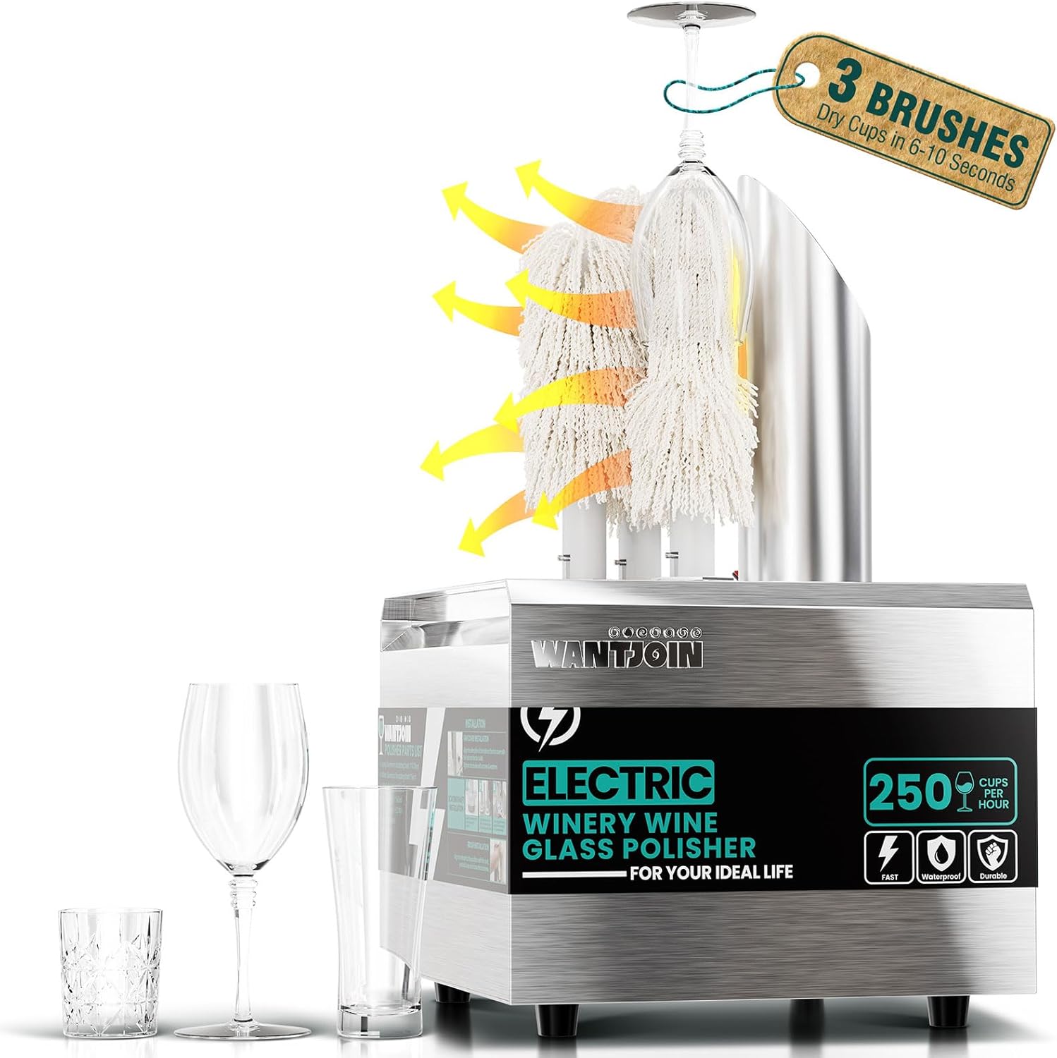 WantJoin Wine Glass Polisher Machine - 3 Brushes 250 Cups/Hour Commercial Electric Automatic Dryer with 304 Stainless Steel, 100% Cotton, 1150W High Power, 140°F Air Drying for Bar Restaurant Kitchen