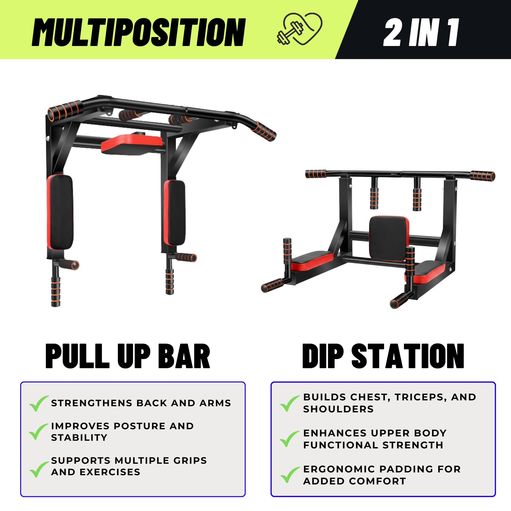 Barre de Traction à Montage Mural. Multifonctionnelle, Station. Dip pour Gym en Intérieur à la Maison.Power Tower Set Equipements d'Entrainement avec Support Multi-prises, Supporte jusqu'à 200 kg.