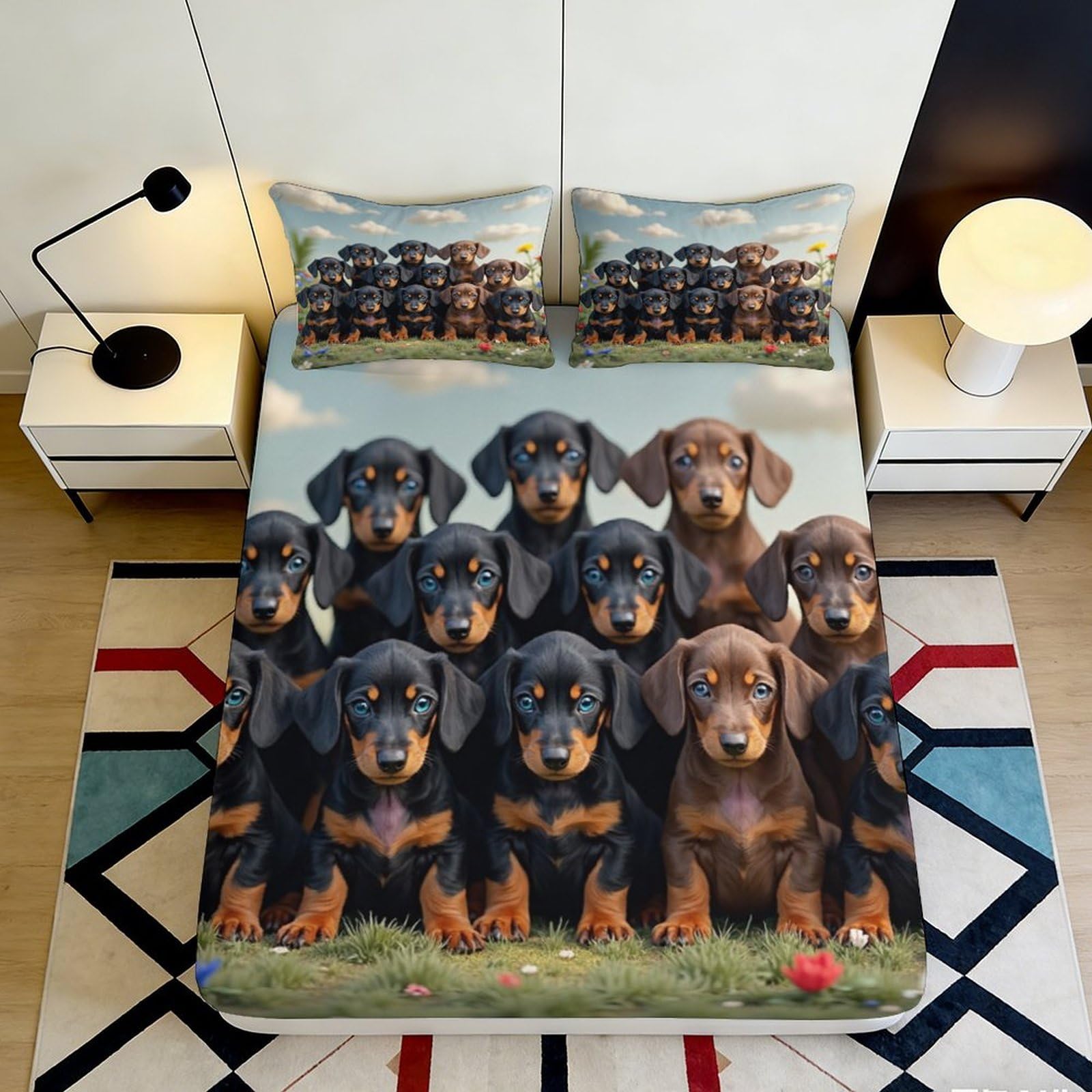 3D Printed Dachshund Dog Fitted Sheet Microfiber Soft Black Brown Puppy Bed Cover for Bedroom Guest Room Decor 90x200x25cm